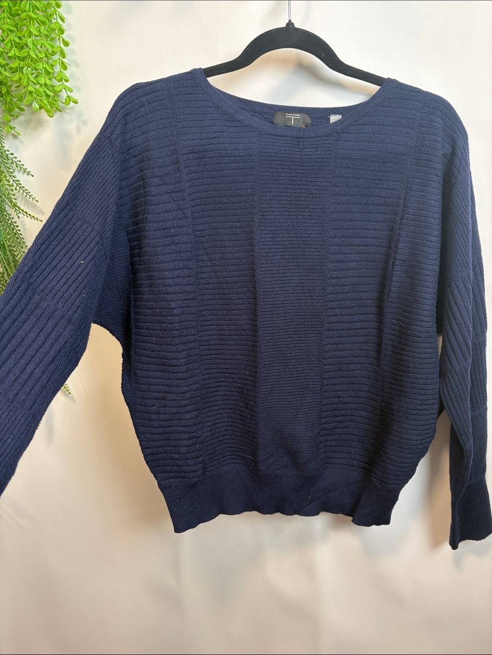 Tahari Navy Ribbed Crewneck Sweater - Women's